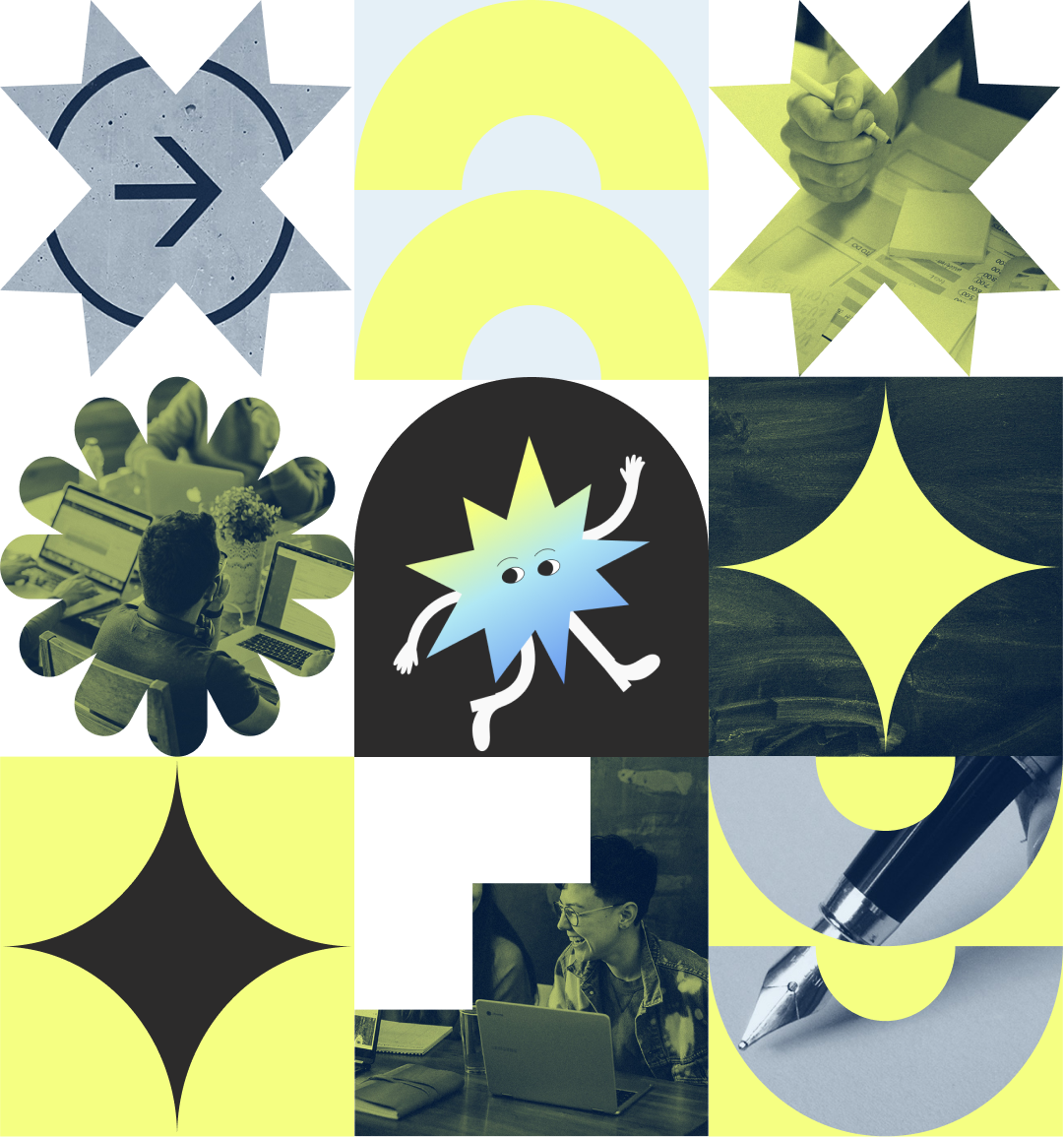 A photo collage comprised of nine different graphics and designs, including a gray arrow, a hand holding a marker preparing to write, a person sitting in front of a laptop, the JourneyWise mascot--a blue and yellow star like creature with white arms and legs, and a pen.